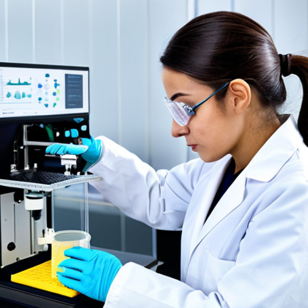 **

A researcher in a clean, modern laboratory, fully clothed in appropriate lab attire (lab coat, gloves, safety glasses), working with a sophisticated 3D bioprinting machine. The machine is printing a small, complex tissue sample. Background includes scientific equipment and charts. Focus is on the potential of bioprinting to revolutionize medicine. Perfect anatomy (implied for the researcher), correct proportions, safe for work, appropriate content, fully clothed, professional, family-friendly, high quality, detailed textures.

**