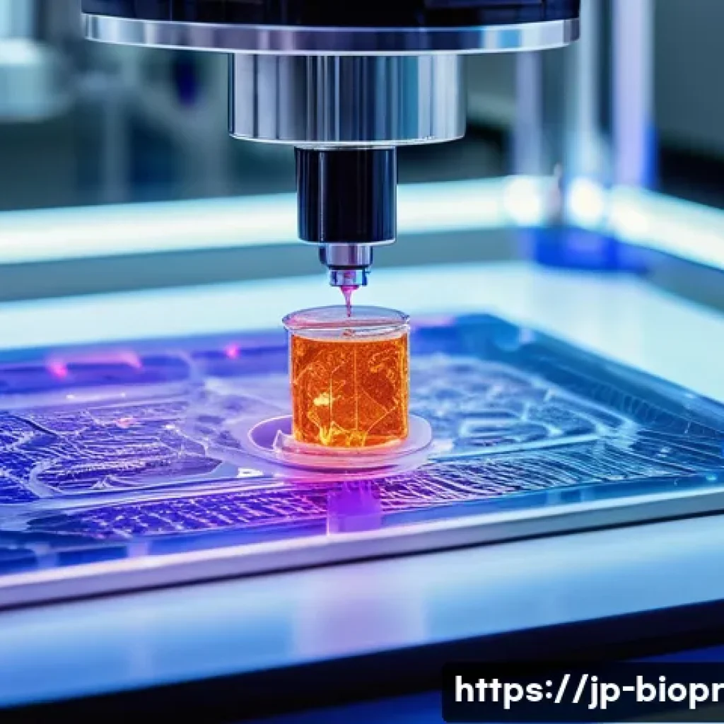 효율적인 바이오프린팅 프로세스 설계 방법 - **Prompt:** "A captivating close-up shot of a sophisticated 3D bioprinter in a pristine, futuristic ...