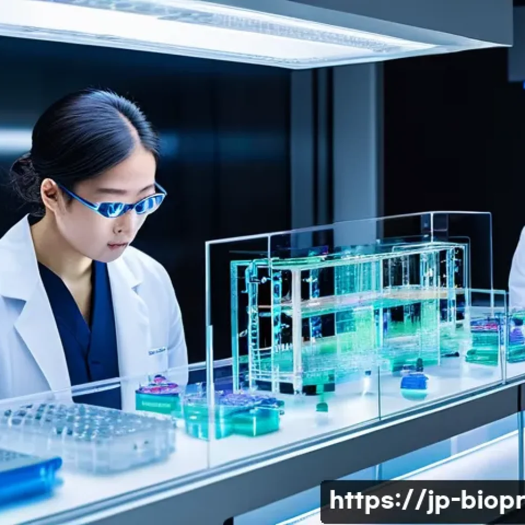 의료 분야에서의 바이오프린팅 활용 사례 - A highly detailed scene of a futuristic bioprinting laboratory in Japan, showcasing a sophisticated ...