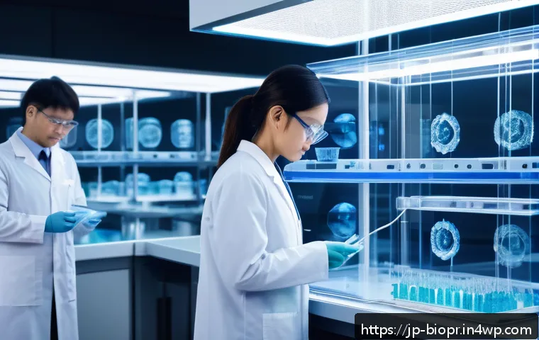 바이오프린팅 기술의 사회적 책임 및 윤리적 고려 - A futuristic laboratory scene showcasing advanced 3D bioprinting technology in action, with a highly...