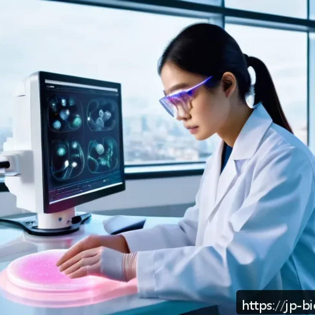 바이오프린팅과 유전자 편집 기술의 결합 - A futuristic medical laboratory scene featuring a Japanese female scientist wearing a lab coat and s...