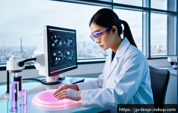 바이오프린팅과 유전자 편집 기술의 결합 - A futuristic medical laboratory scene featuring a Japanese female scientist wearing a lab coat and s...