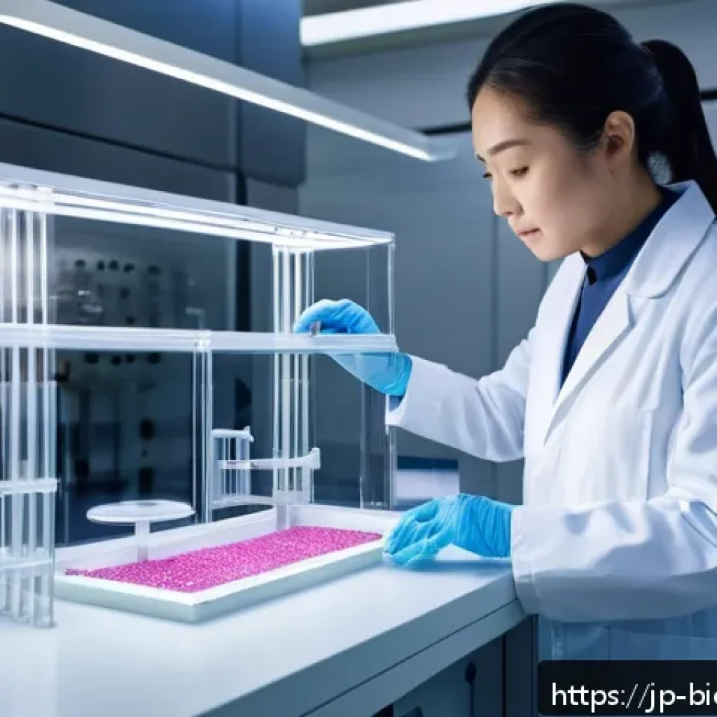 바이오프린팅 기술의 차세대 발전 방향 - A high-tech biofabrication laboratory scene showcasing a researcher in a modern white lab coat caref...