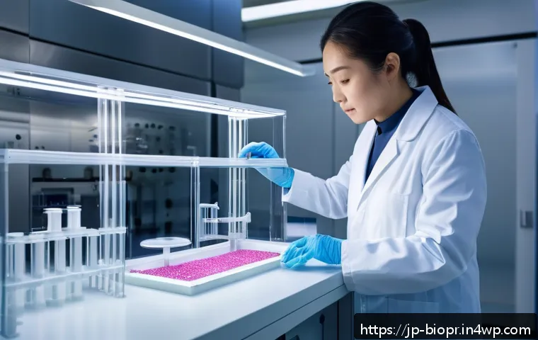 바이오프린팅 기술의 차세대 발전 방향 - A high-tech biofabrication laboratory scene showcasing a researcher in a modern white lab coat caref...