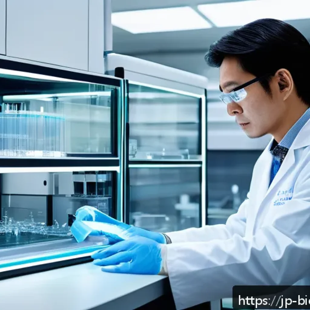 바이오프린팅의 기술적 발전과 미래 예측 - A futuristic medical laboratory scene showing a skilled scientist operating a high-tech bioprinter t...