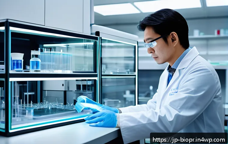바이오프린팅의 기술적 발전과 미래 예측 - A futuristic medical laboratory scene showing a skilled scientist operating a high-tech bioprinter t...