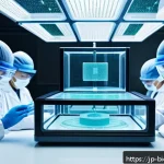 바이오프린팅의 연구개발 동향 및 전망 - A futuristic laboratory scene showing a high-precision laser-assisted bioprinter in action, delicate...
