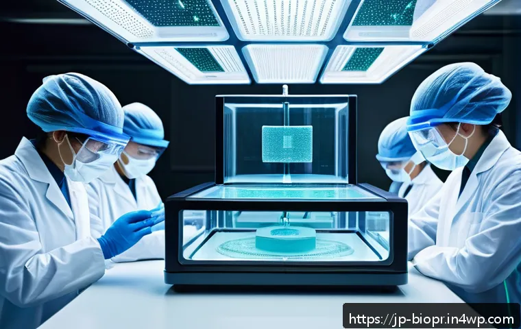 바이오프린팅의 연구개발 동향 및 전망 - A futuristic laboratory scene showing a high-precision laser-assisted bioprinter in action, delicate...