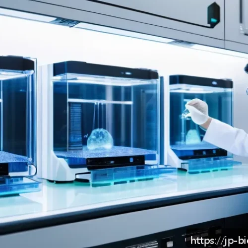 바이오프린팅을 통한 인체 조직 재생 연구 - A highly detailed, futuristic laboratory scene showcasing advanced 3D bioprinting technology in acti...