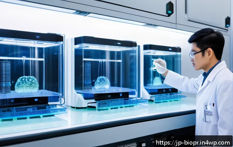 바이오프린팅을 통한 인체 조직 재생 연구 - A highly detailed, futuristic laboratory scene showcasing advanced 3D bioprinting technology in acti...