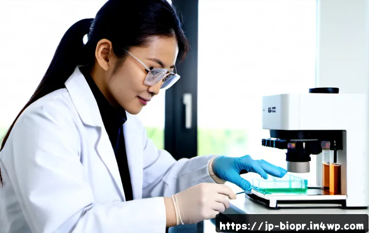 바이오프린팅 기술의 응용 분야 분석 - Photorealistic biomedical laboratory scene, Japanese female researcher in a clean white lab coat and...