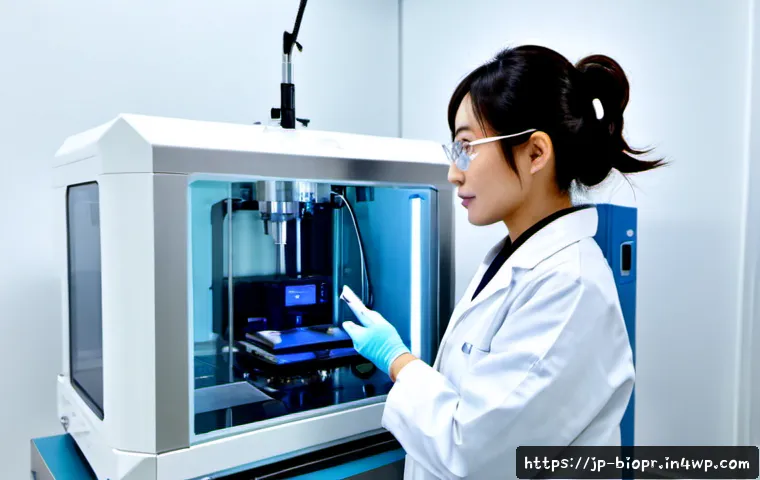 바이오프린팅에서의 데이터 보호 및 보안 - Photorealistic modern bioprinting laboratory, secure transparent bioprinter producing a small tissue...