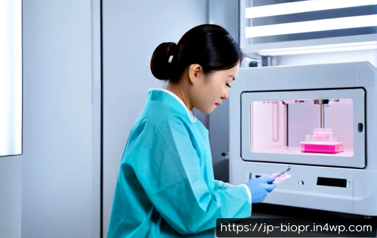 바이오프린팅 기술이 일으킬 의료 패러다임 변화 - Photorealistic hospital bioprinting laboratory, a Japanese female biomedical researcher in clean pro...